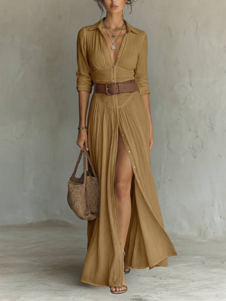 Pleated Maxi Dress with Long Sleeves