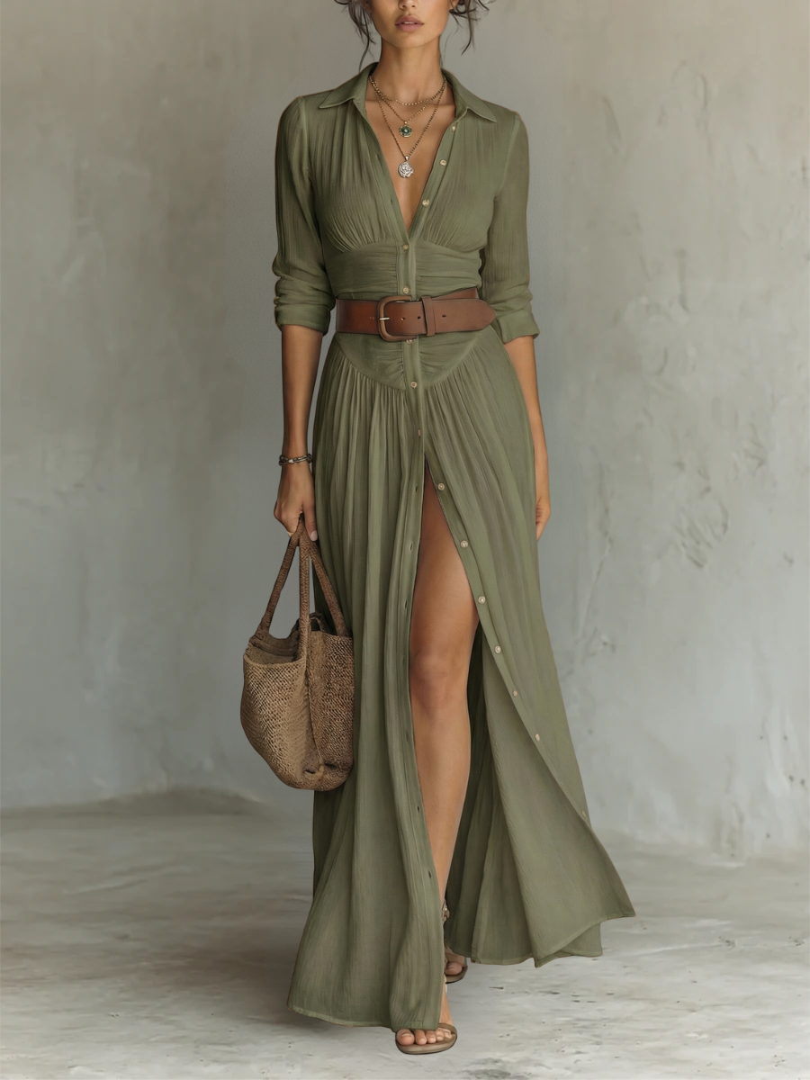 Pleated Maxi Dress with Long Sleeves