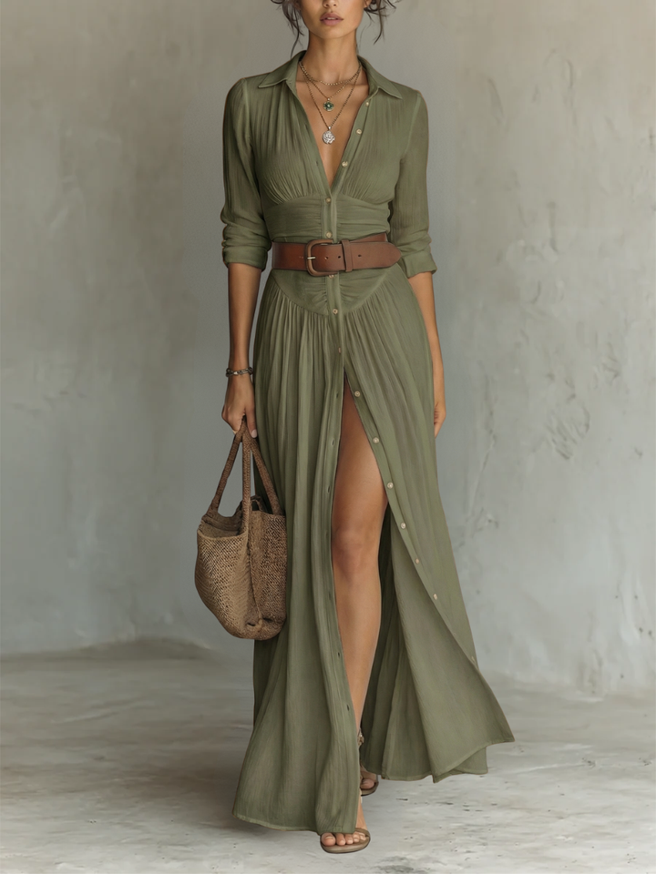 Pleated Maxi Dress with Long Sleeves