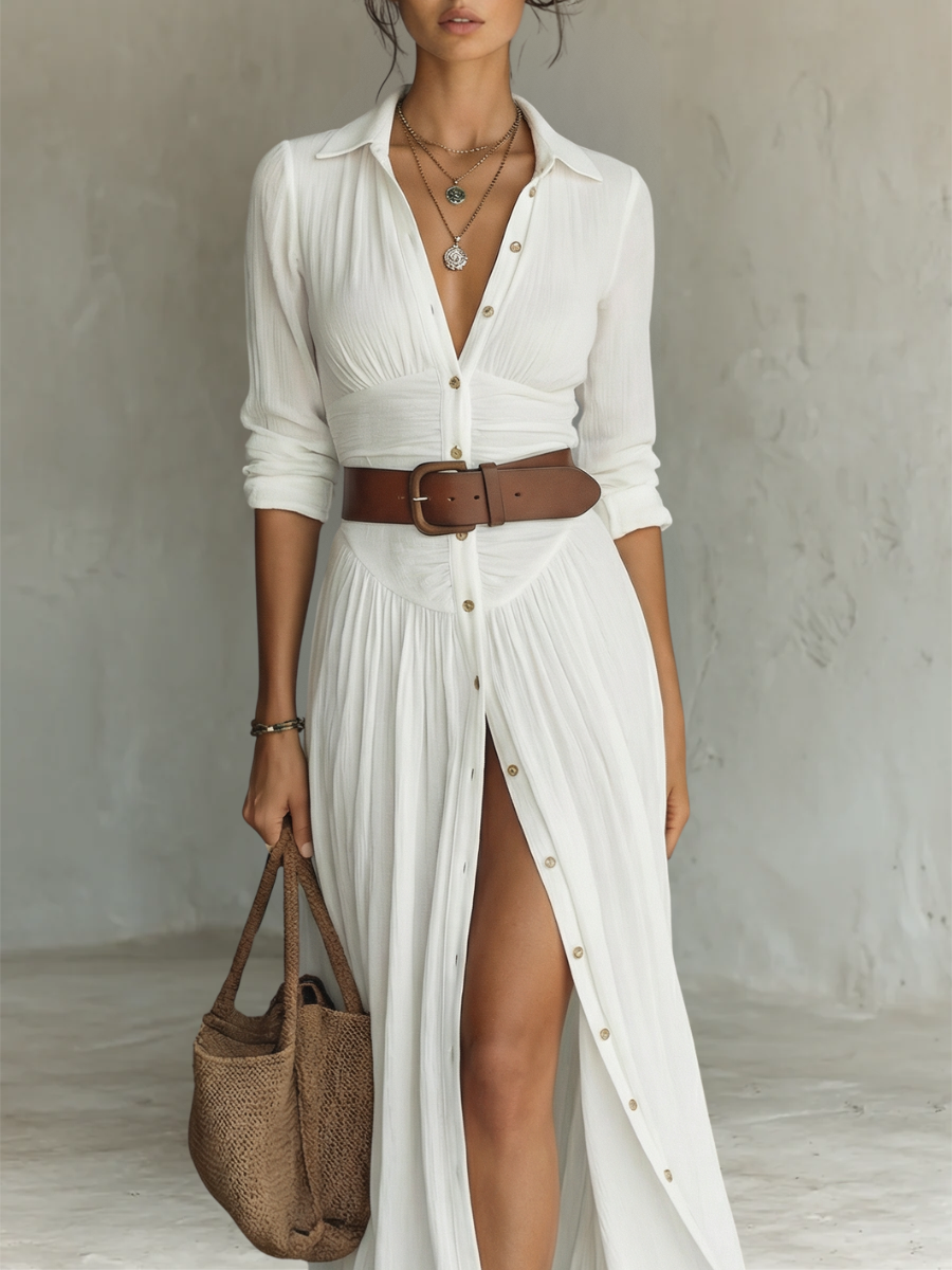 Pleated Maxi Dress with Long Sleeves