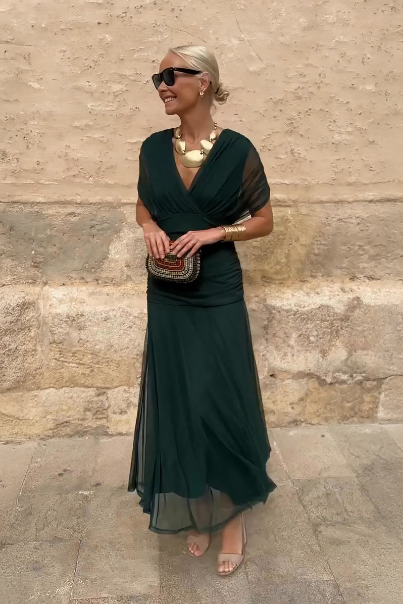 Pleated Maxi Dress with V-Neck