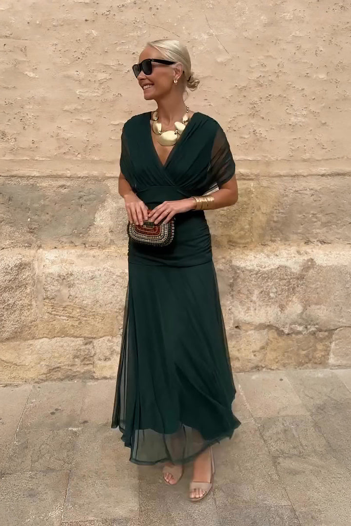 Pleated Maxi Dress with V-Neck