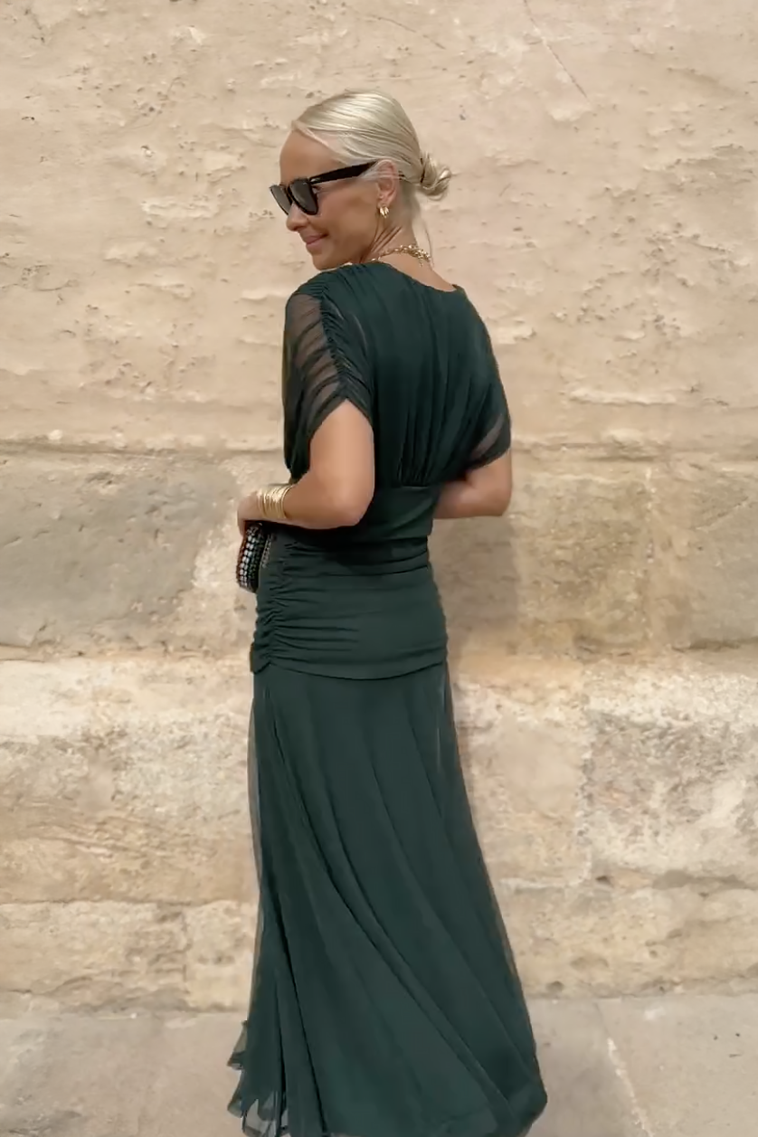 Pleated Maxi Dress with V-Neck