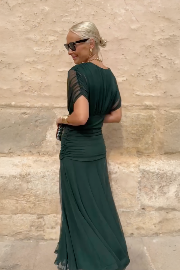 Pleated Maxi Dress with V-Neck