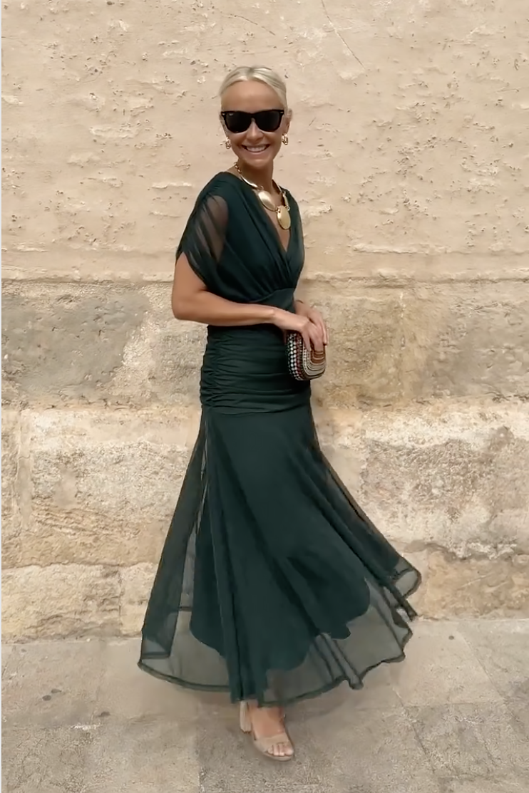 Pleated Maxi Dress with V-Neck