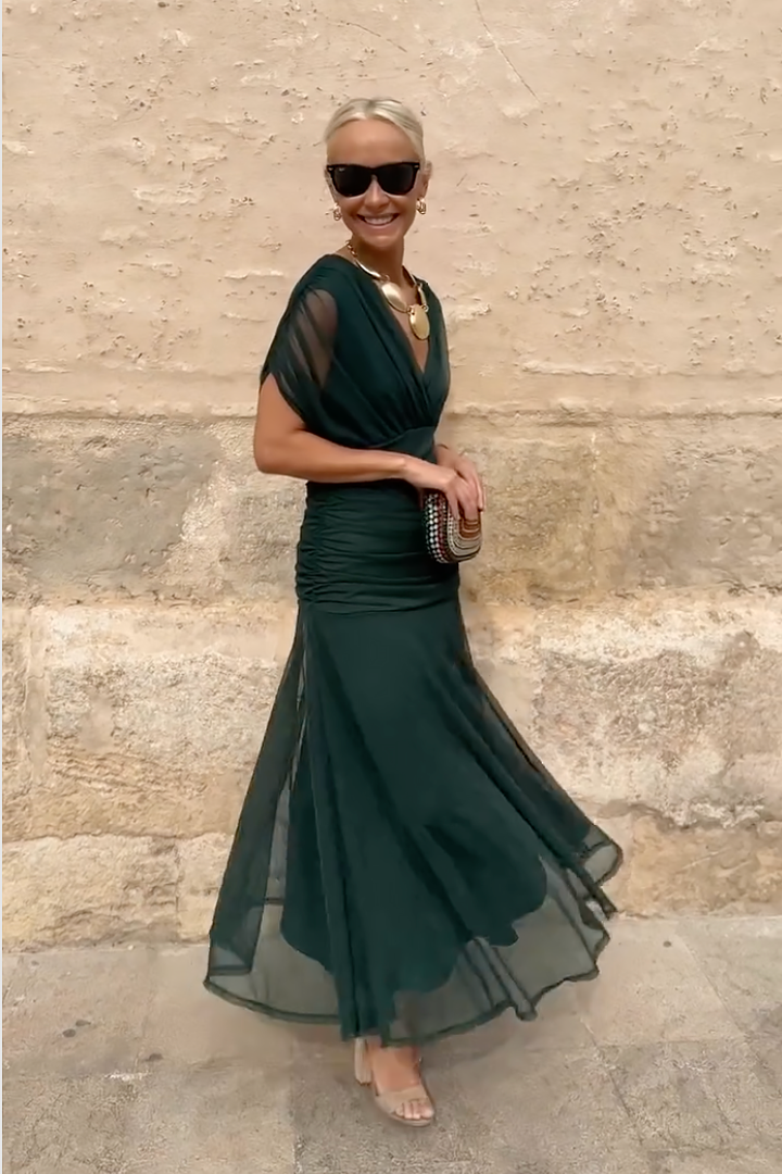 Pleated Maxi Dress with V-Neck