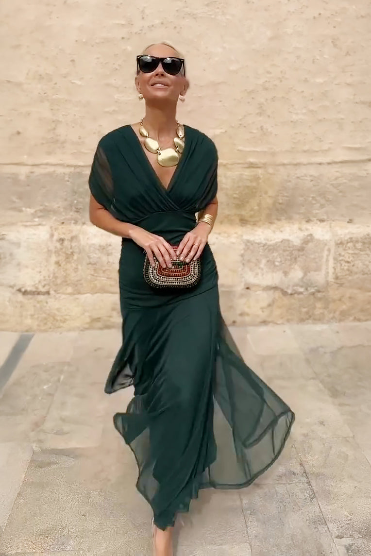 Pleated Maxi Dress with V-Neck