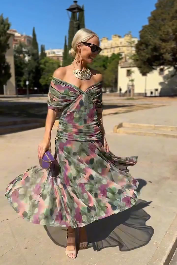 Pleated Maxi Dress with V-Neck
