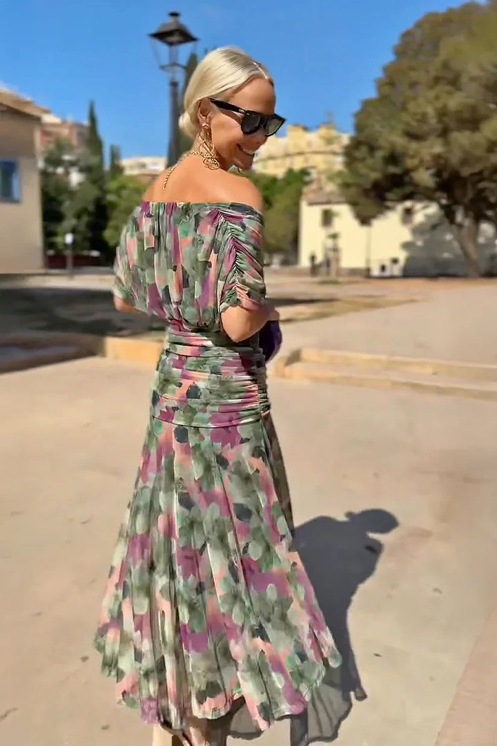 Pleated Maxi Dress with V-Neck