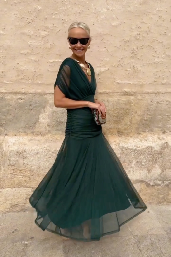 Pleated Maxi Dress with V-Neck