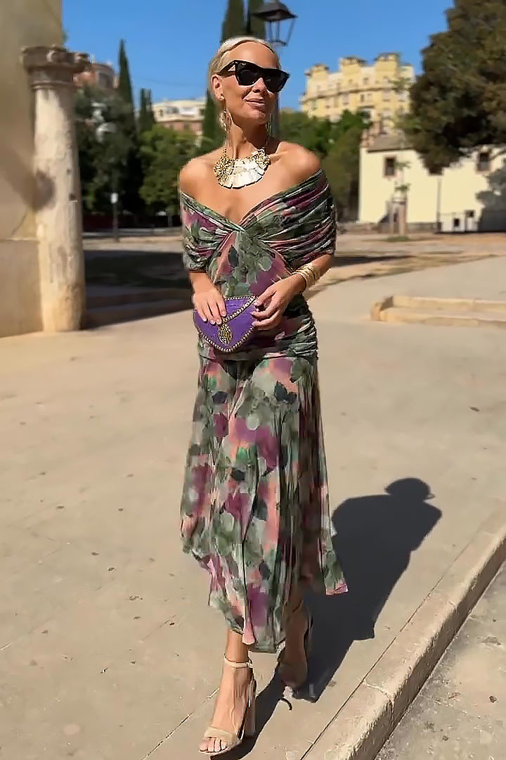 Pleated Maxi Dress with V-Neck