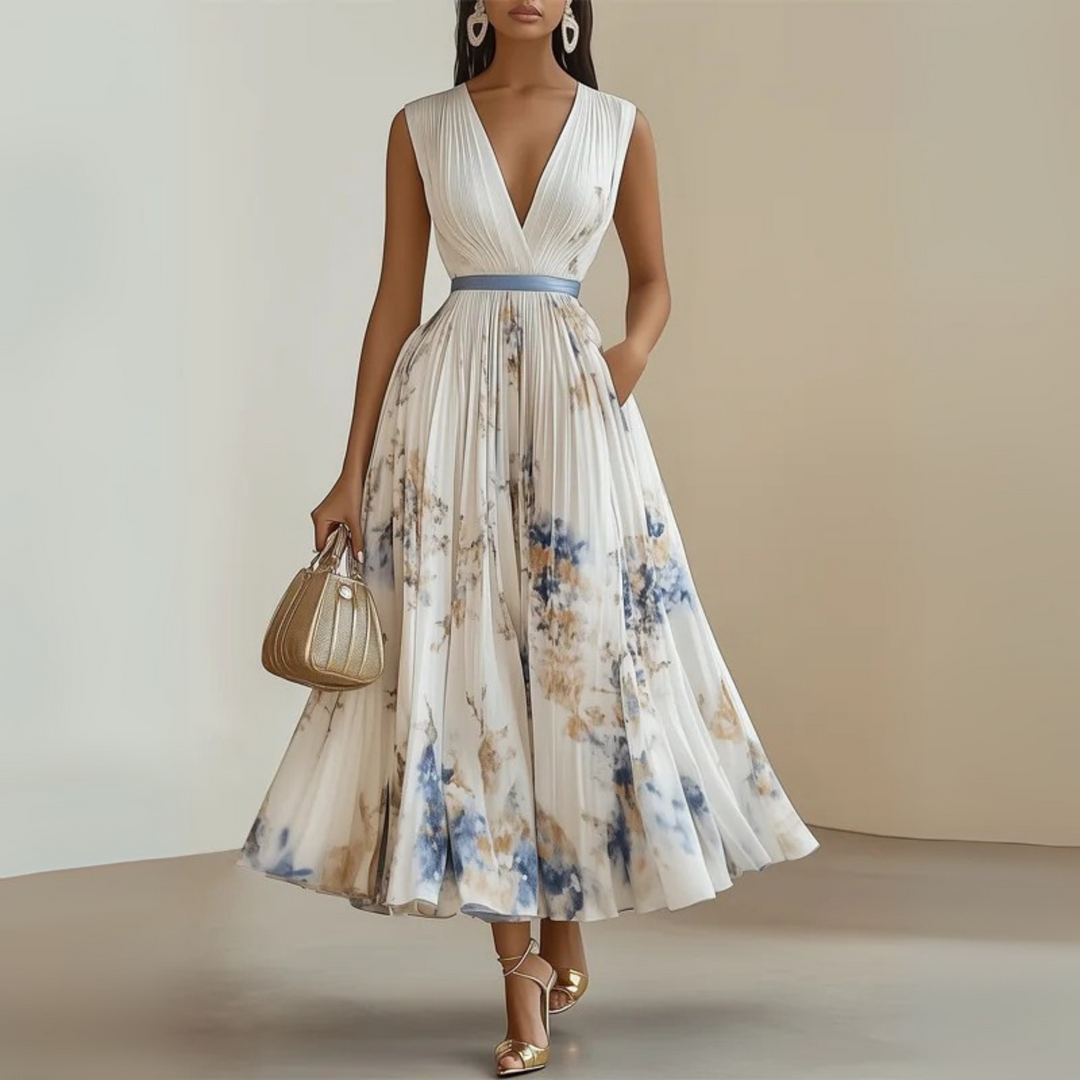 Pleated Maxi Party Dress with V-Neck