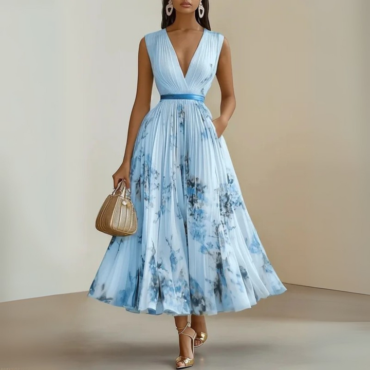 Pleated Maxi Party Dress with V-Neck