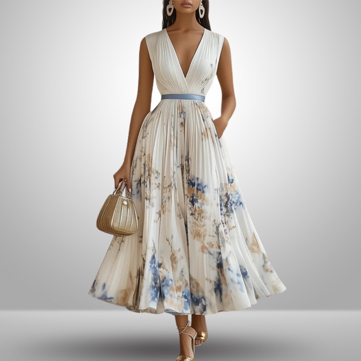 Pleated Maxi Party Dress with V-Neck