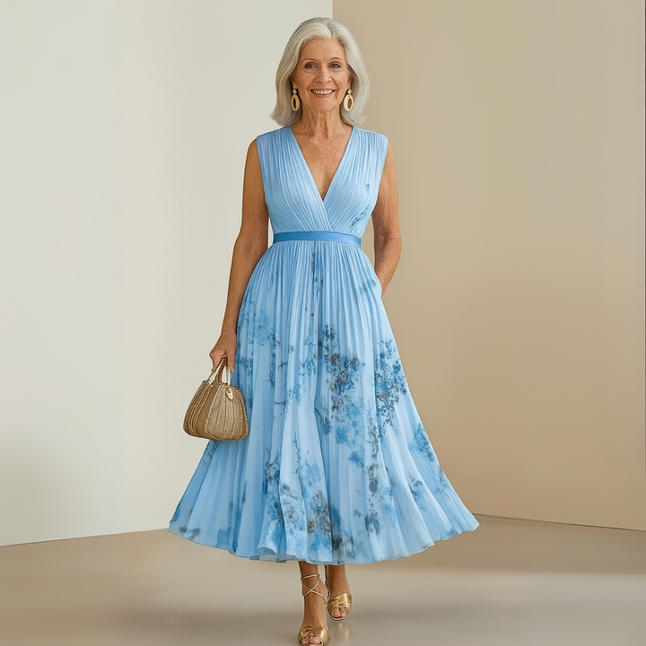 Pleated Maxi Party Dress with V-Neck