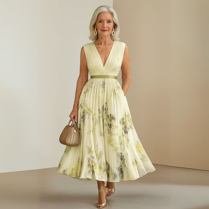 Pleated Maxi Party Dress with V-Neck