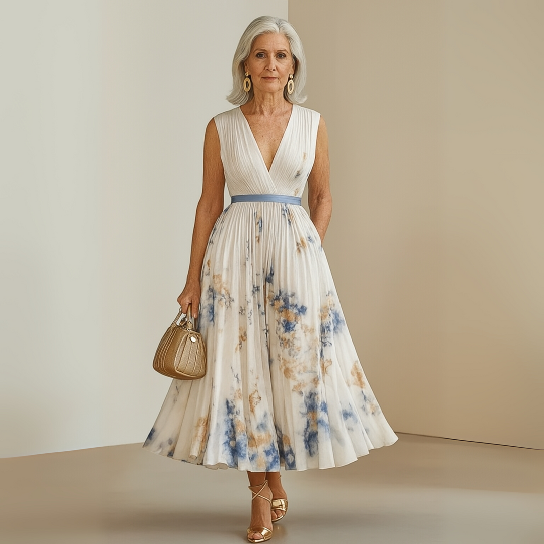 Pleated Maxi Party Dress with V-Neck