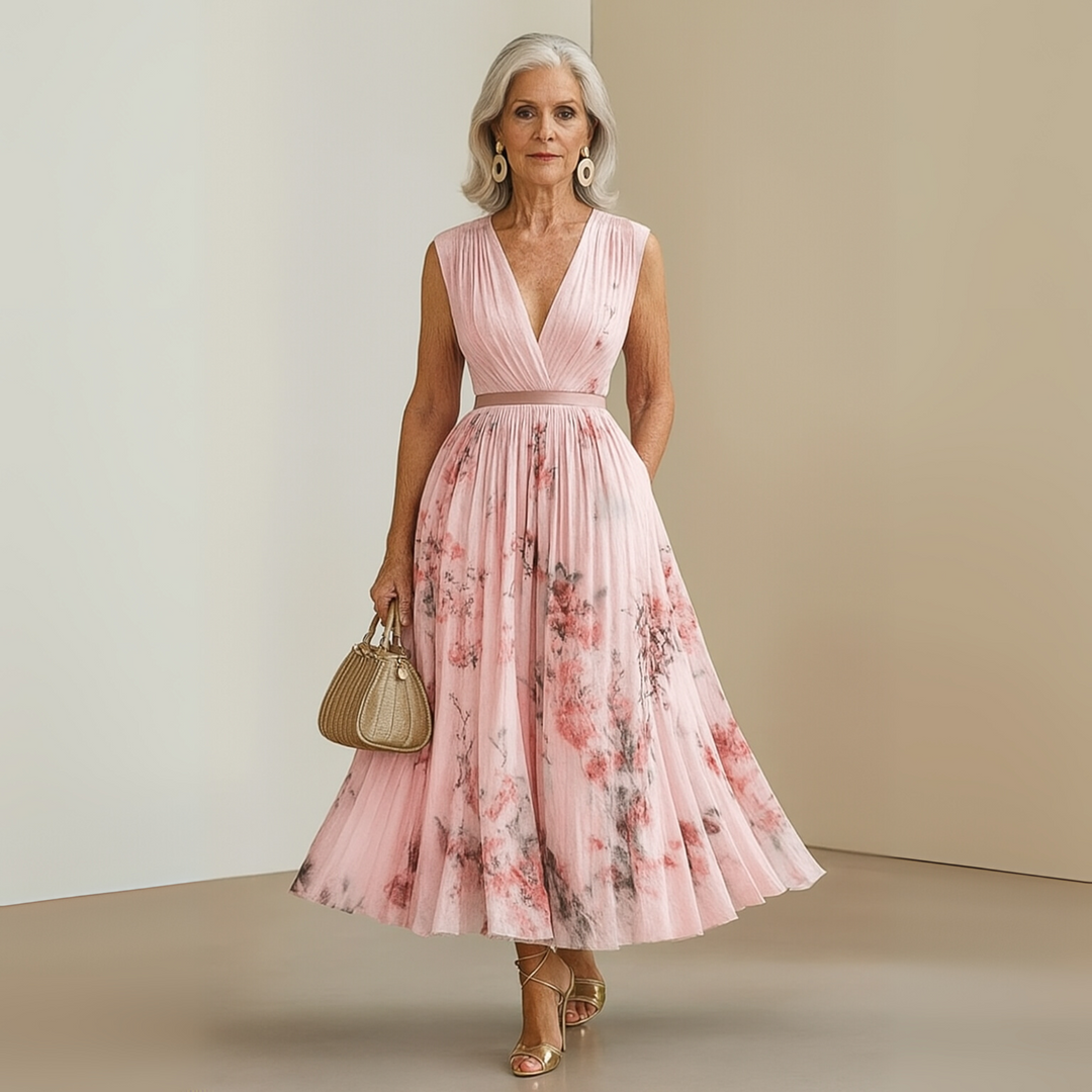 Pleated Maxi Party Dress with V-Neck