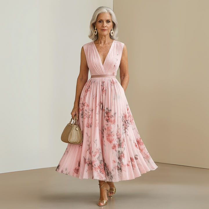 Pleated Maxi Party Dress with V-Neck