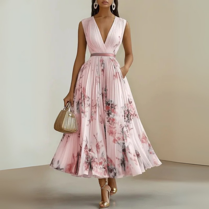 Pleated Maxi Party Dress with V-Neck