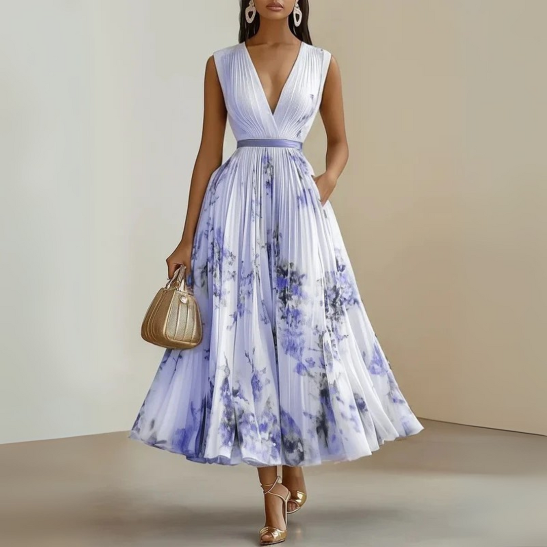 Pleated Maxi Party Dress with V-Neck