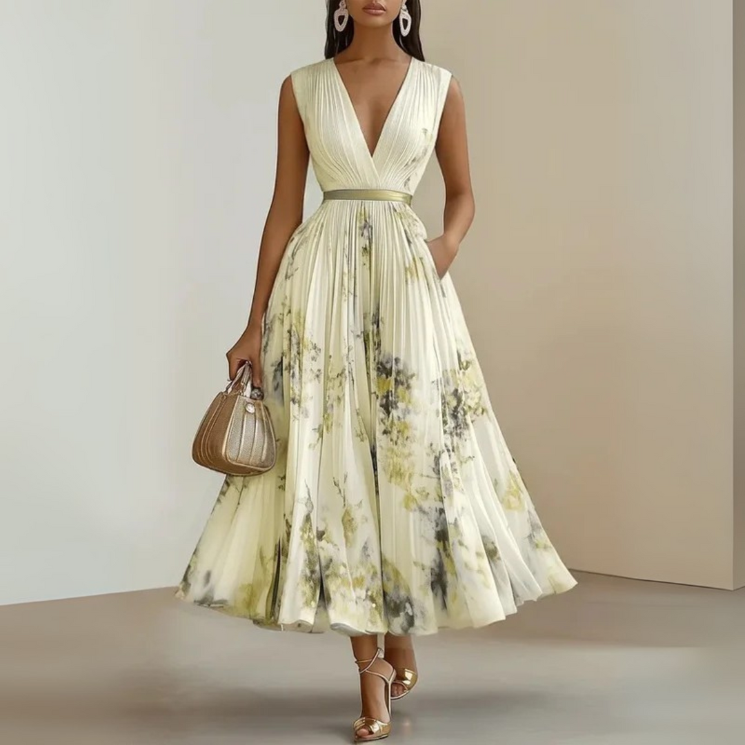 Pleated Maxi Party Dress with V-Neck