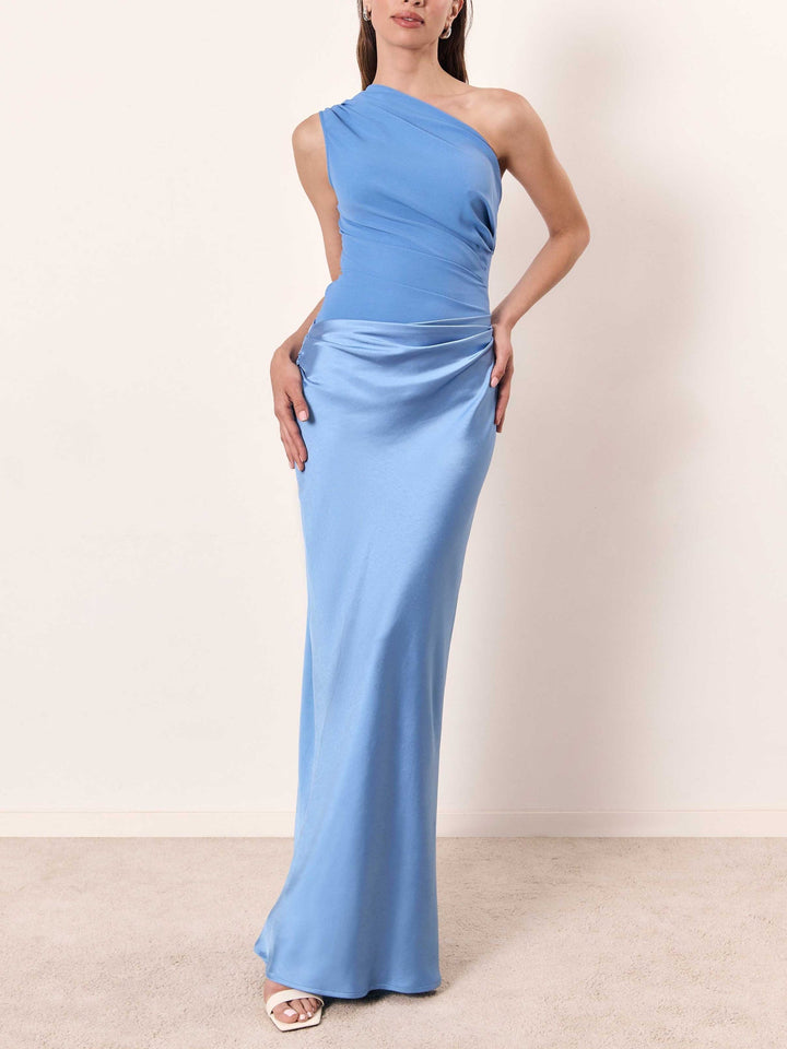Pleated Maxi Wedding Guest Dress with One-Shoulder