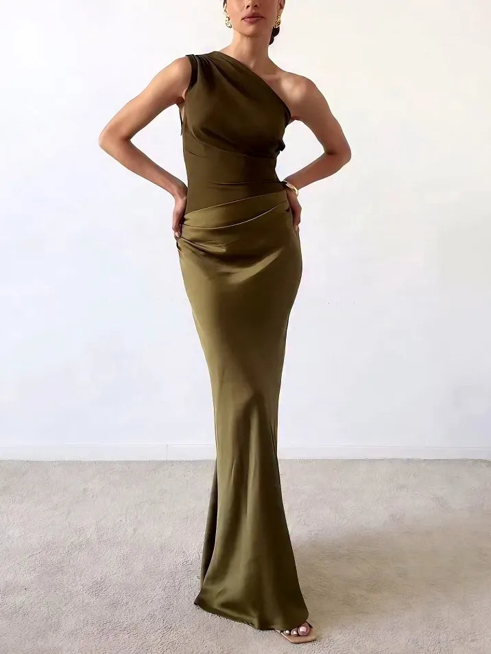 Pleated Maxi Wedding Guest Dress with One-Shoulder
