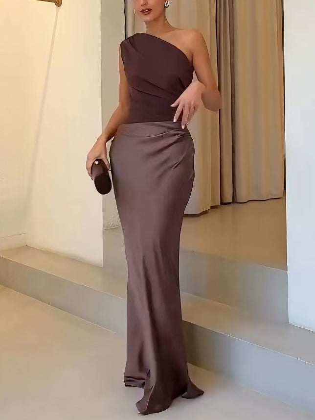 Pleated Maxi Wedding Guest Dress with One-Shoulder