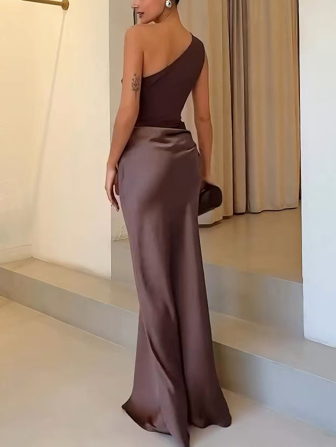 Pleated Maxi Wedding Guest Dress with One-Shoulder