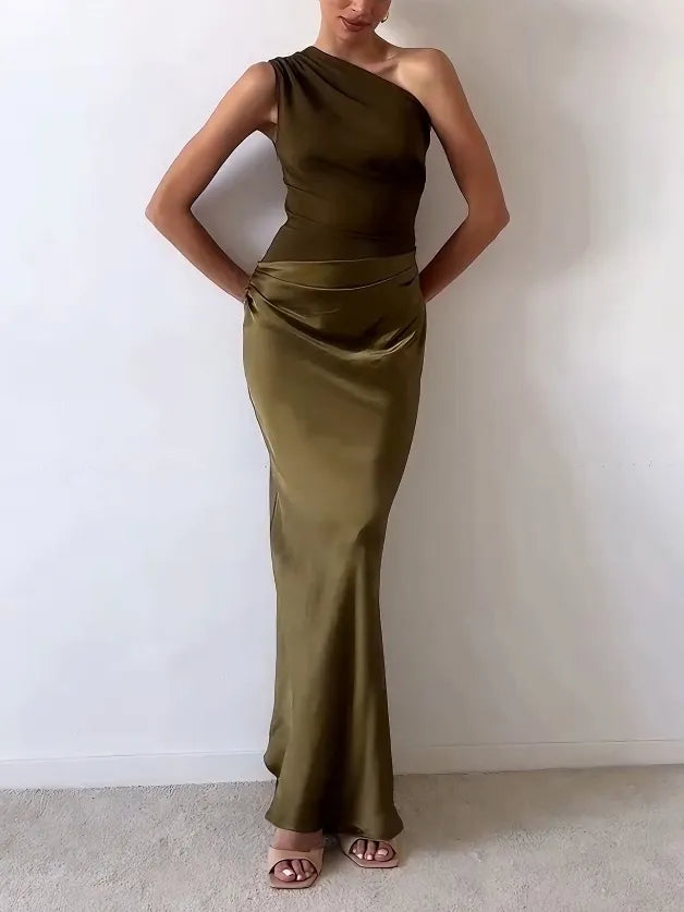 Pleated Maxi Wedding Guest Dress with One-Shoulder