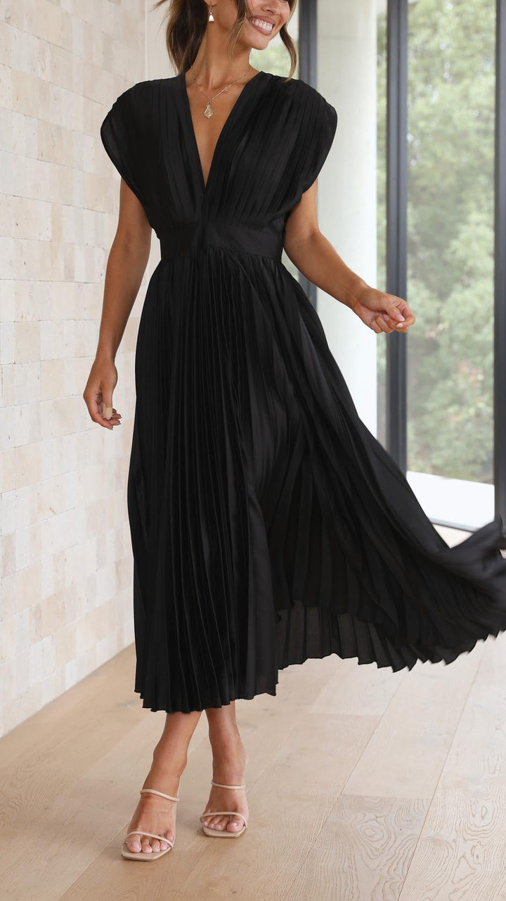 Pleated Maxi Wedding Guest Dress with V-Neck