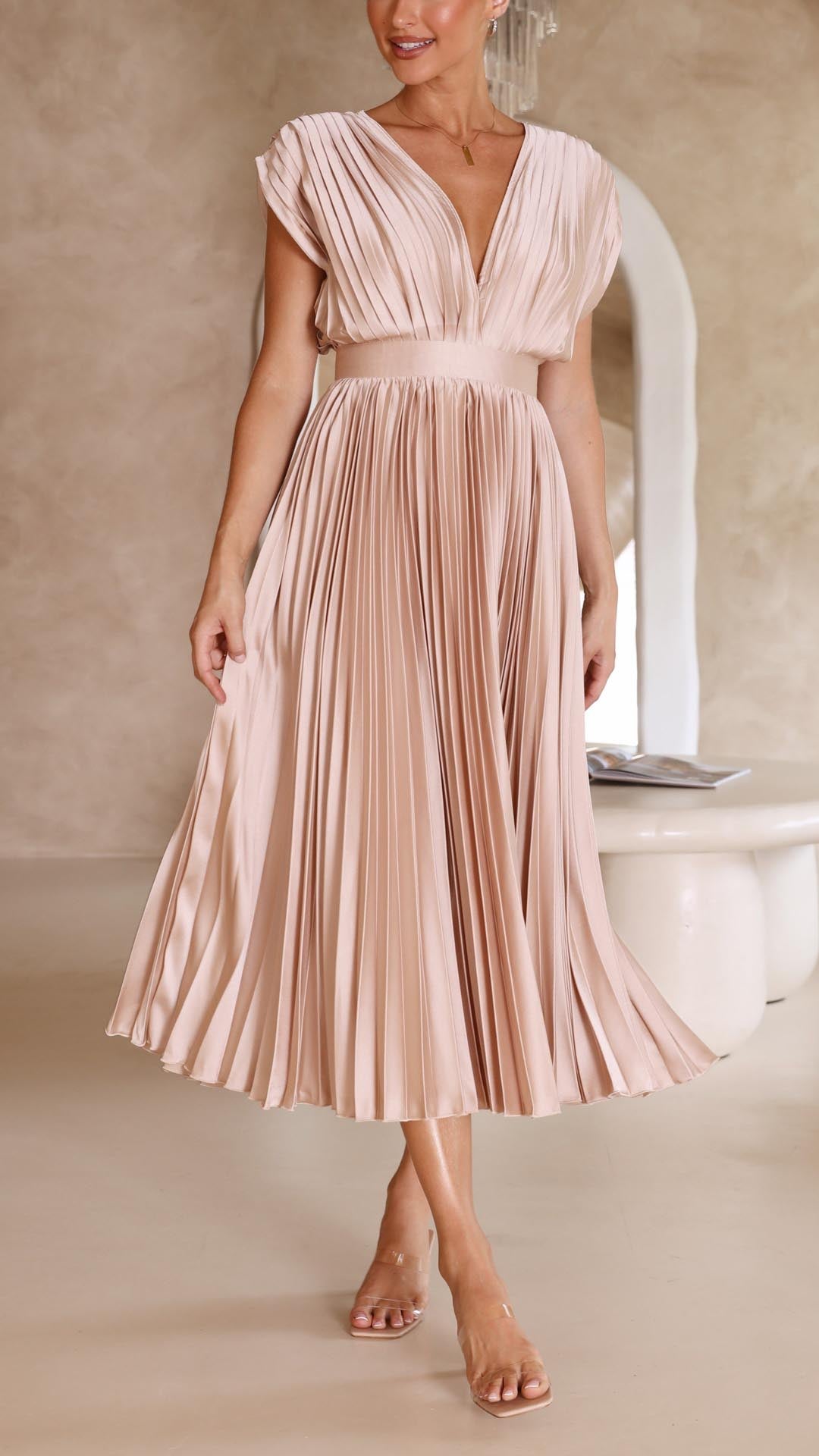 Pleated Maxi Wedding Guest Dress with V-Neck