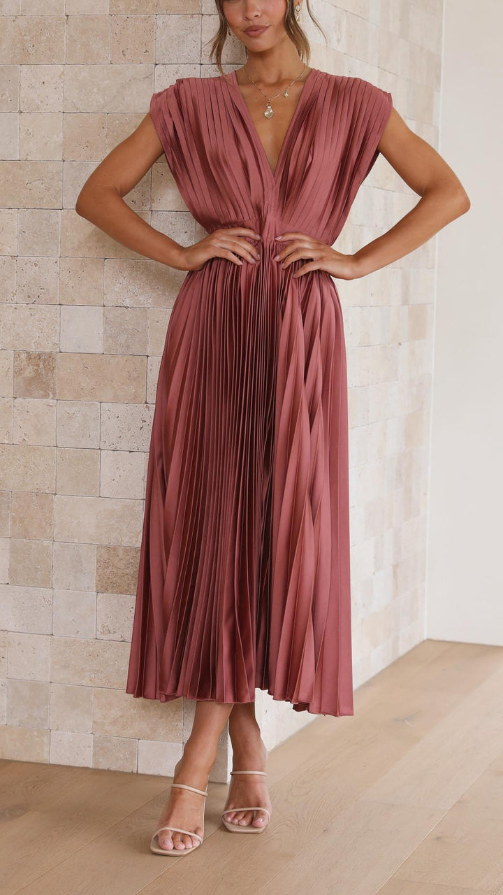 Pleated Maxi Wedding Guest Dress with V-Neck