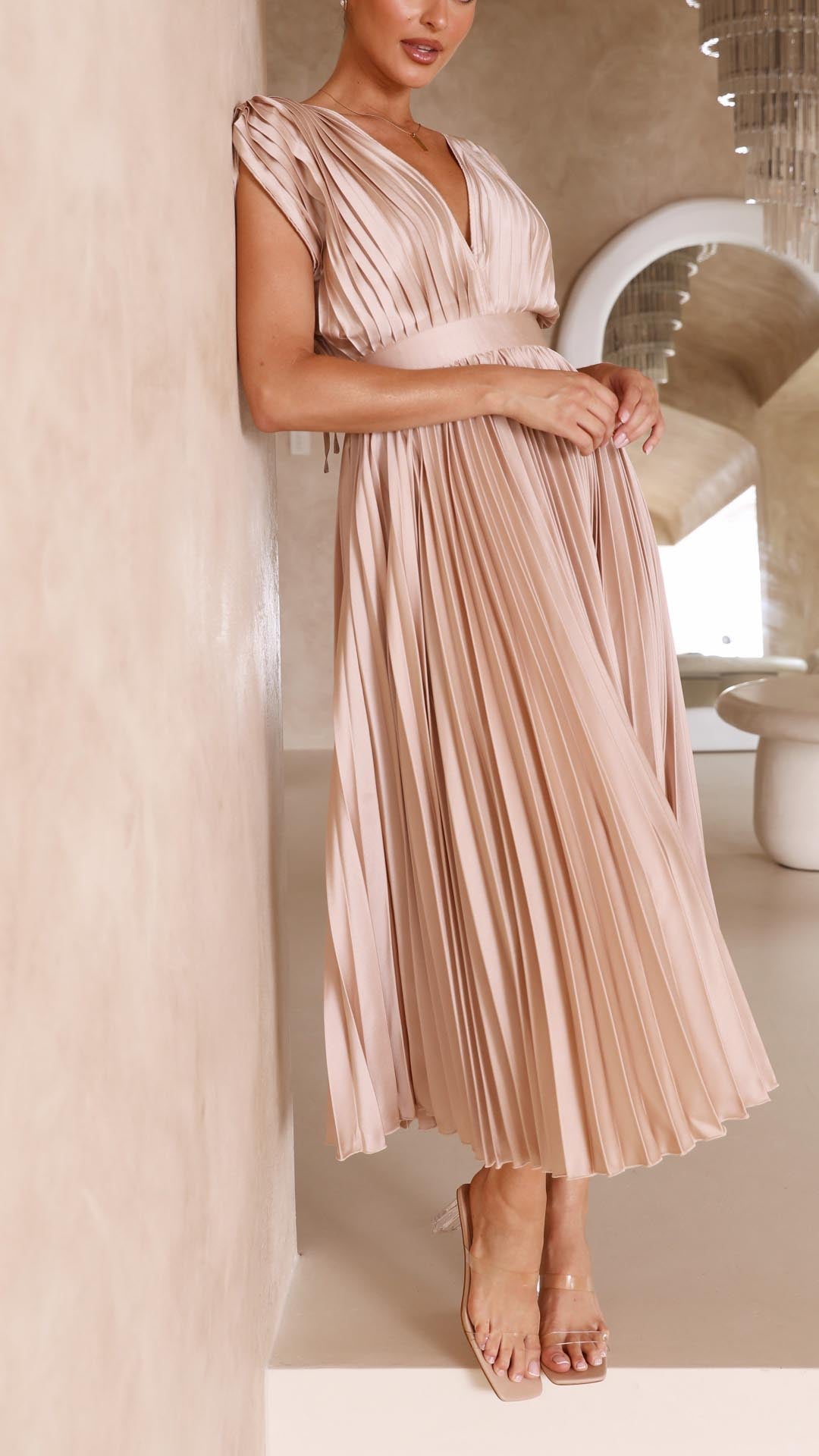 Pleated Maxi Wedding Guest Dress with V-Neck