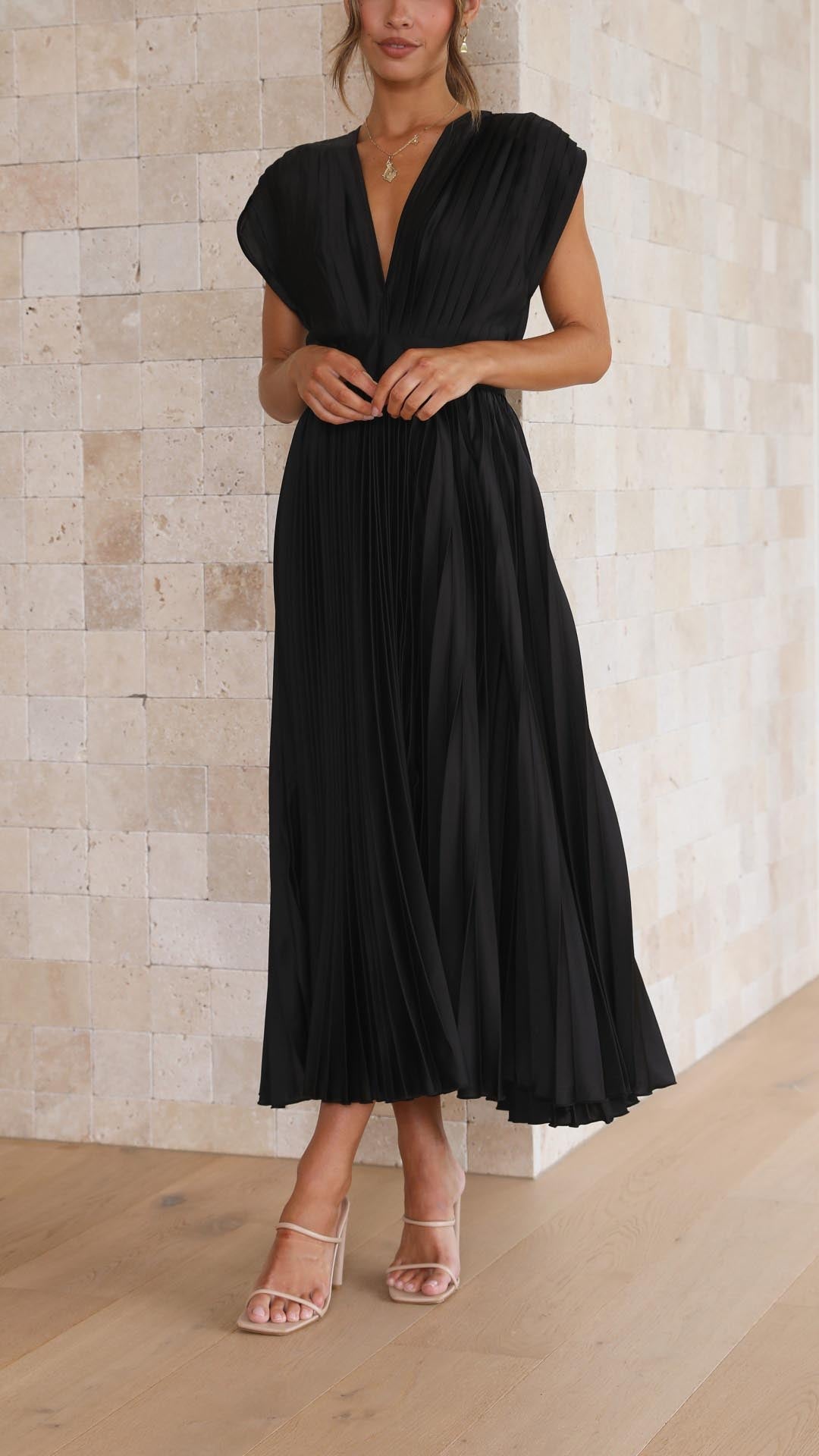 Pleated Maxi Wedding Guest Dress with V-Neck