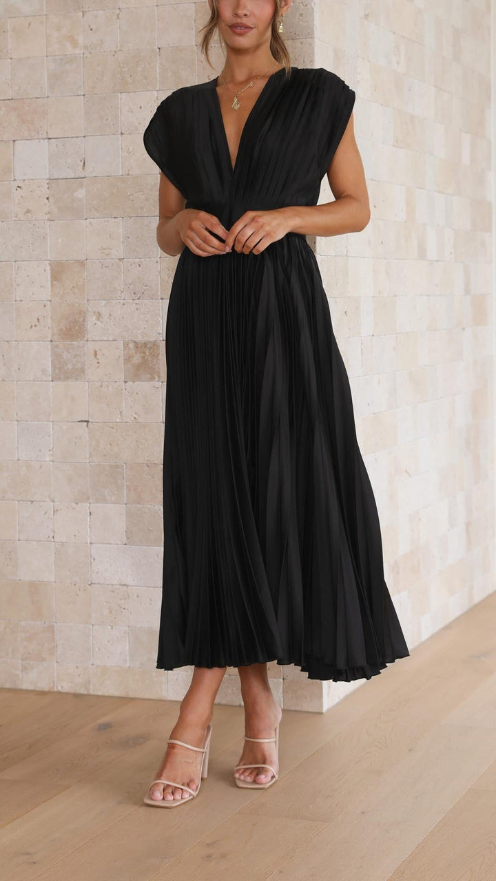 Pleated Maxi Wedding Guest Dress with V-Neck