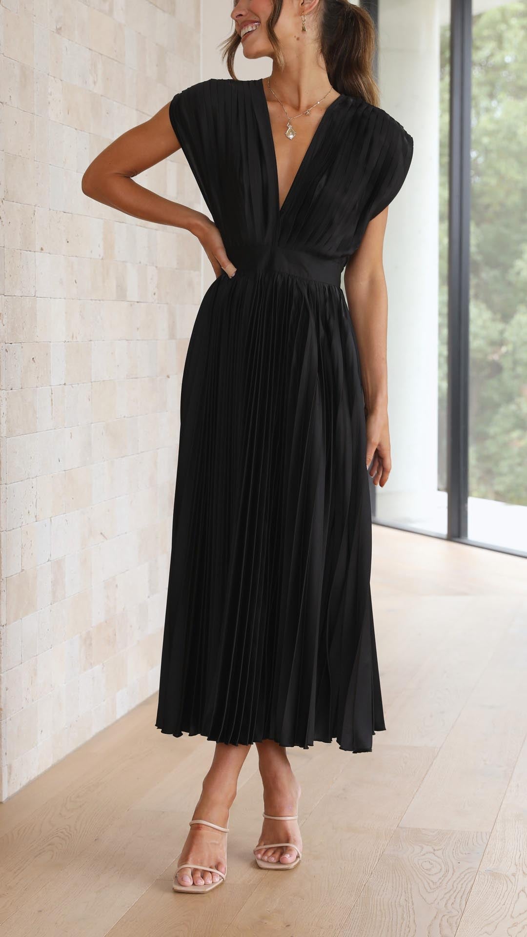 Pleated Maxi Wedding Guest Dress with V-Neck