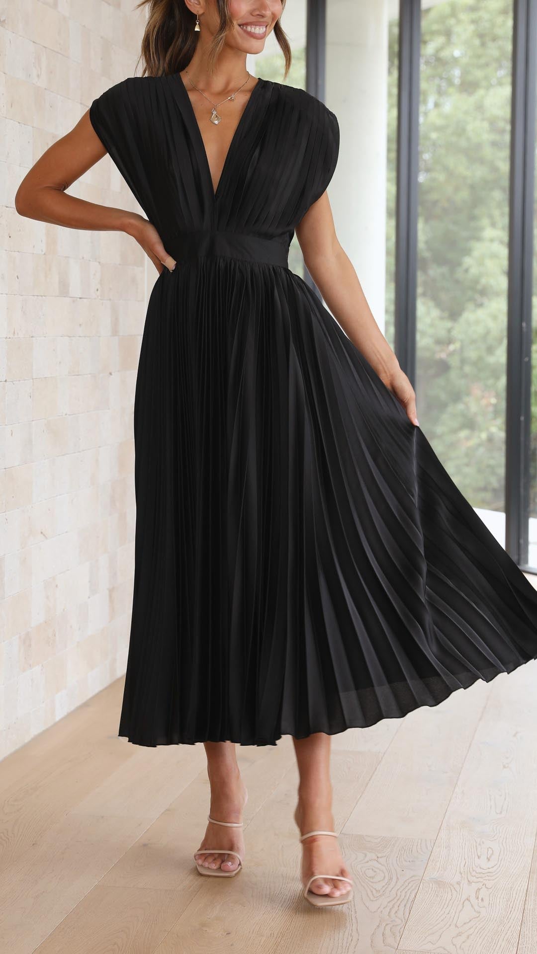Pleated Maxi Wedding Guest Dress with V-Neck