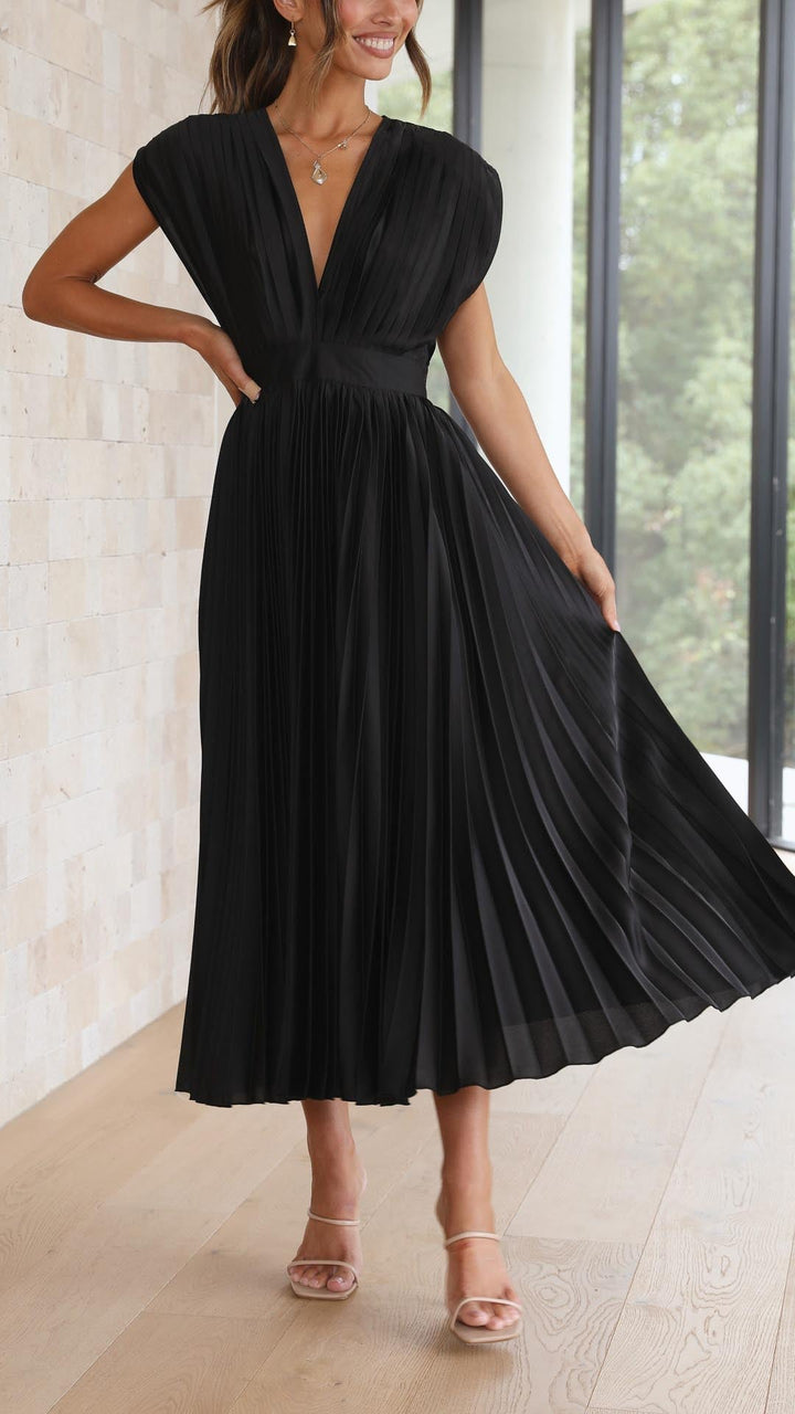 Pleated Maxi Wedding Guest Dress with V-Neck
