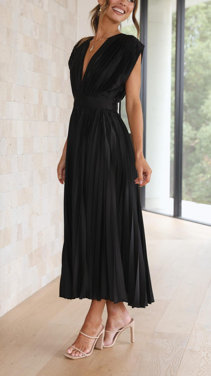Pleated Maxi Wedding Guest Dress with V-Neck