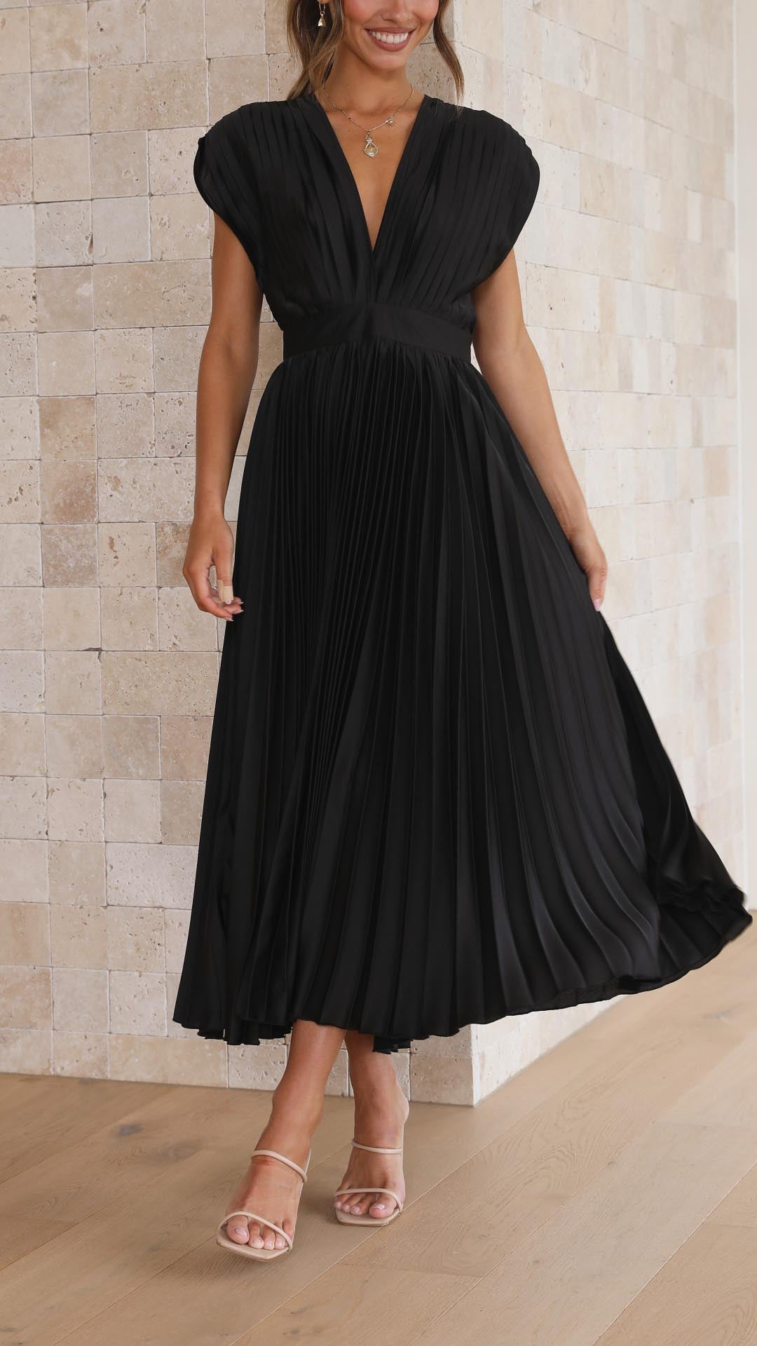 Pleated Maxi Wedding Guest Dress with V-Neck