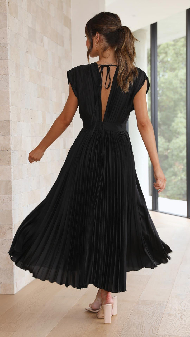 Pleated Maxi Wedding Guest Dress with V-Neck