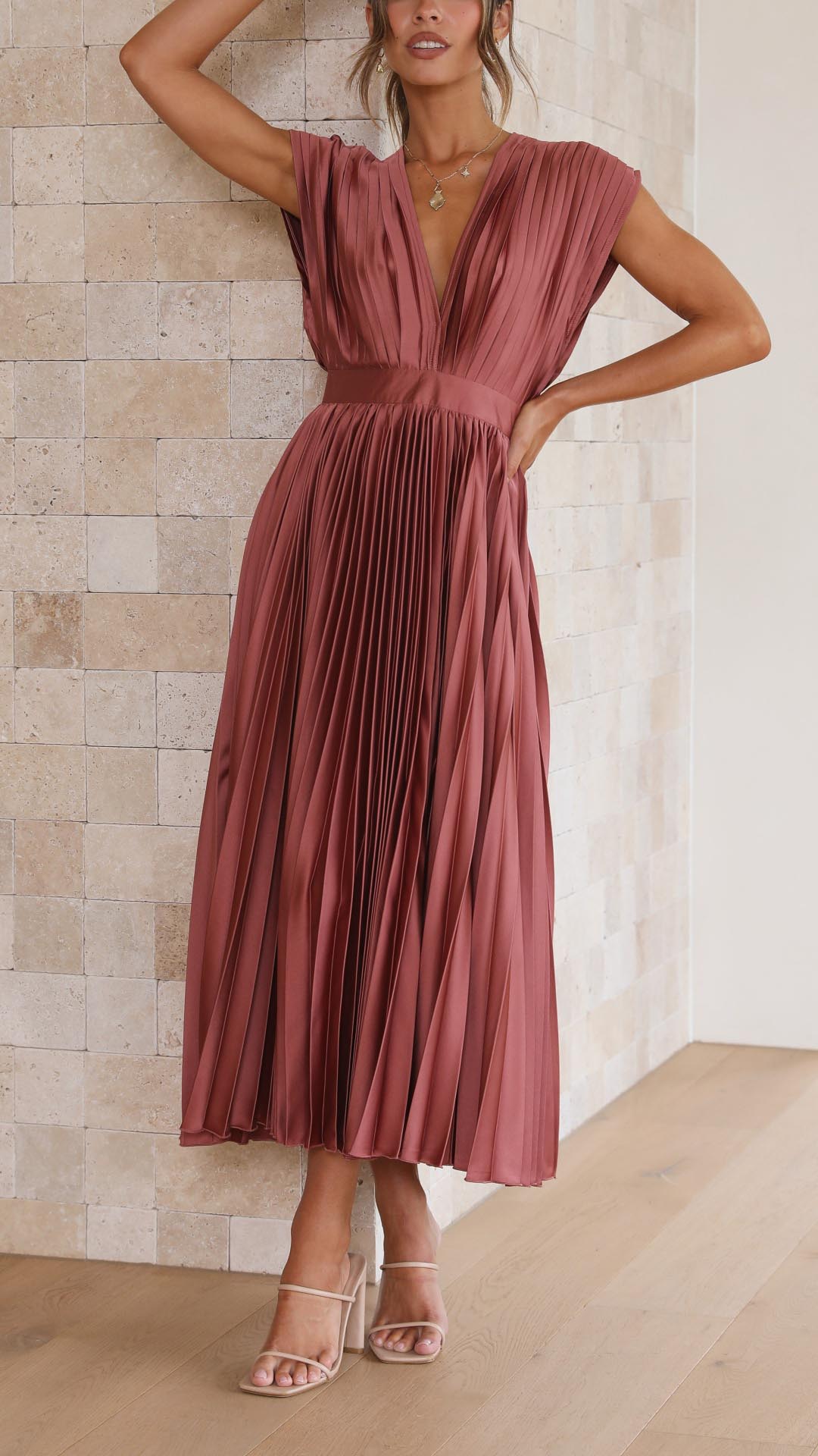 Pleated Maxi Wedding Guest Dress with V-Neck