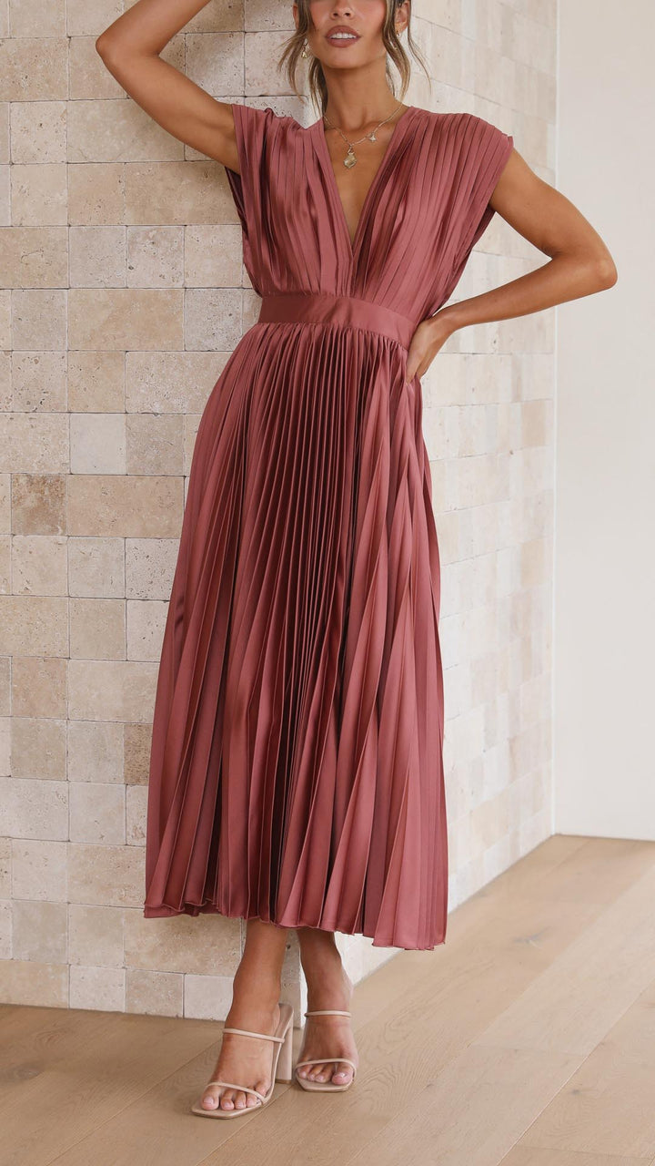 Pleated Maxi Wedding Guest Dress with V-Neck