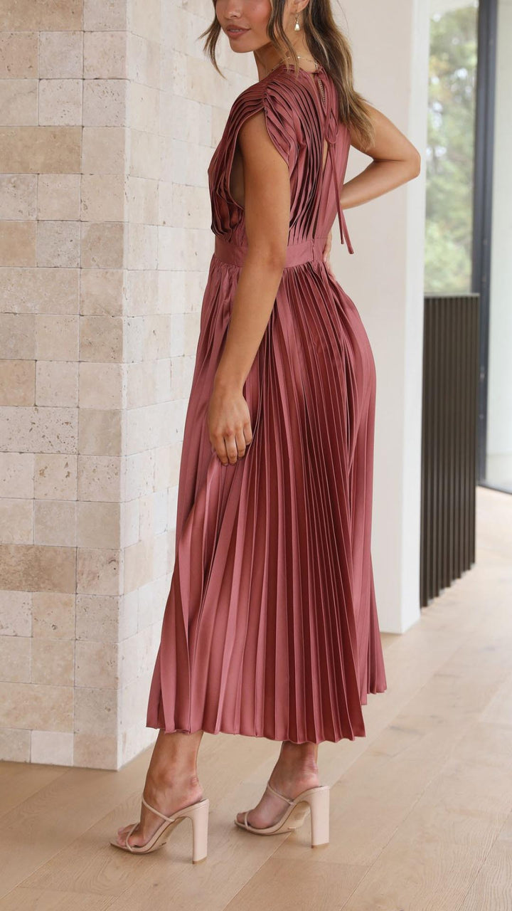 Pleated Maxi Wedding Guest Dress with V-Neck