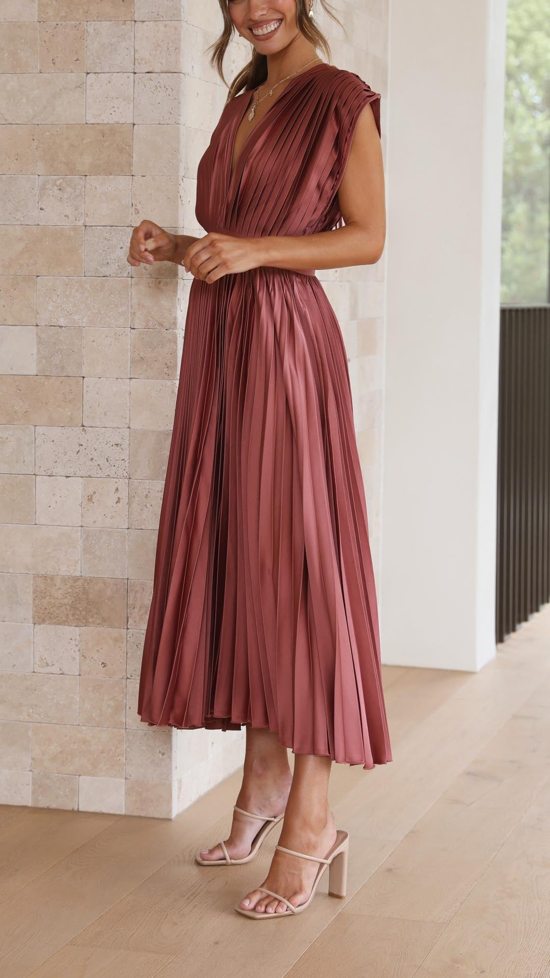 Pleated Maxi Wedding Guest Dress with V-Neck