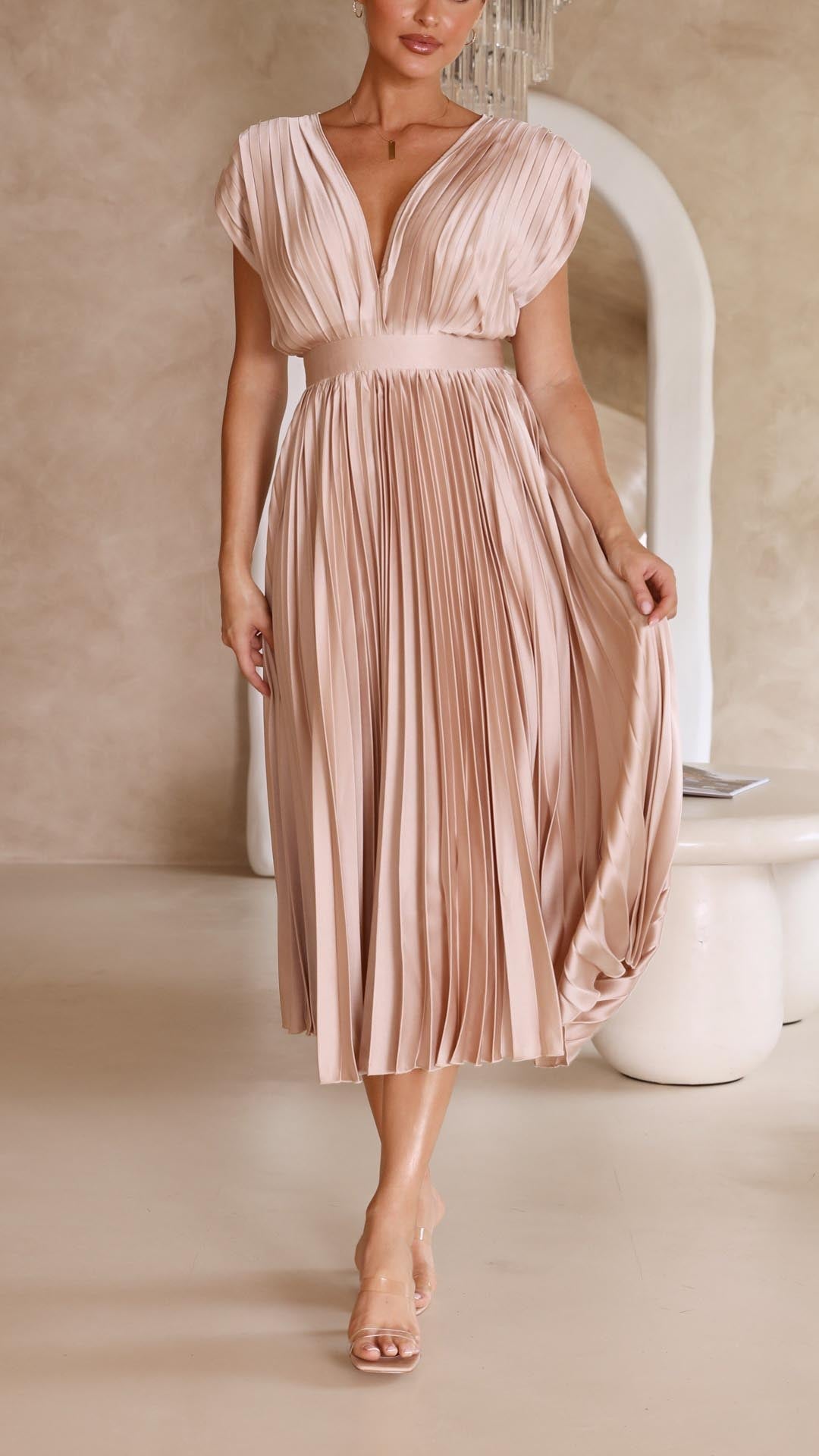 Pleated Maxi Wedding Guest Dress with V-Neck