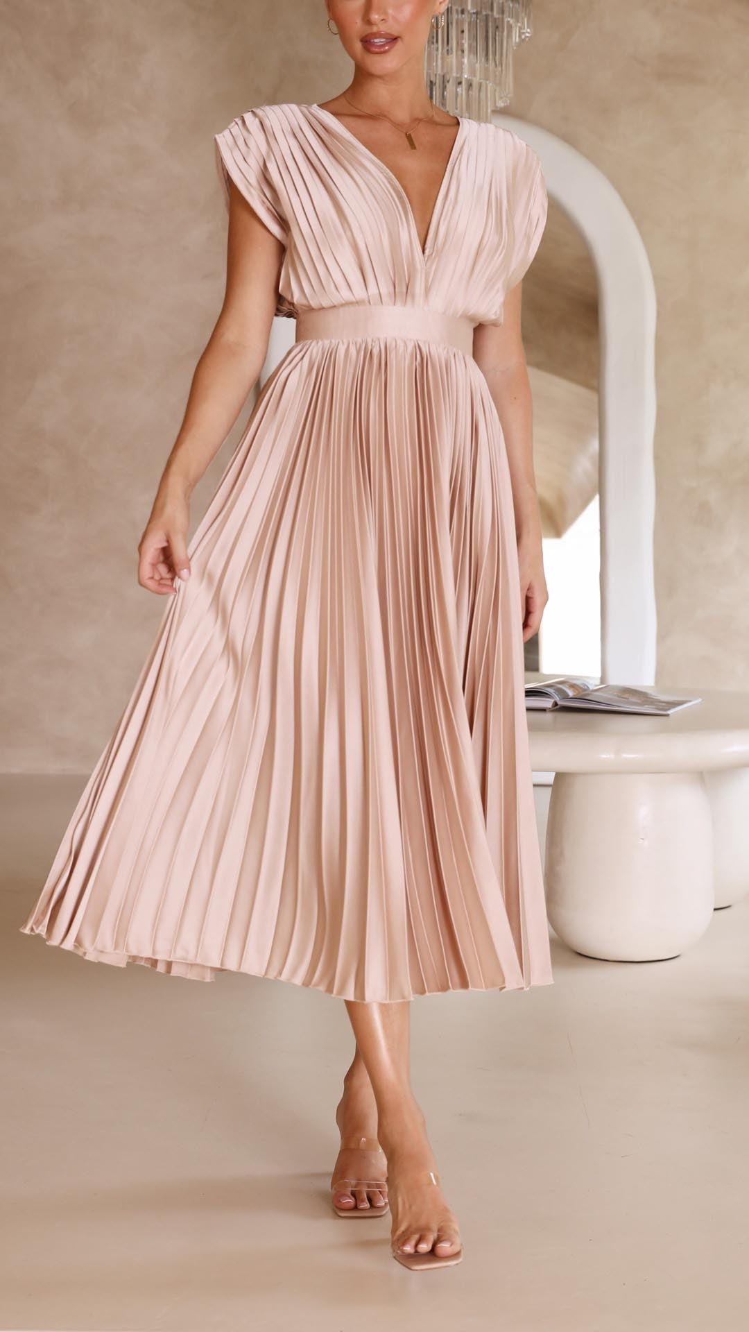 Pleated Maxi Wedding Guest Dress with V-Neck