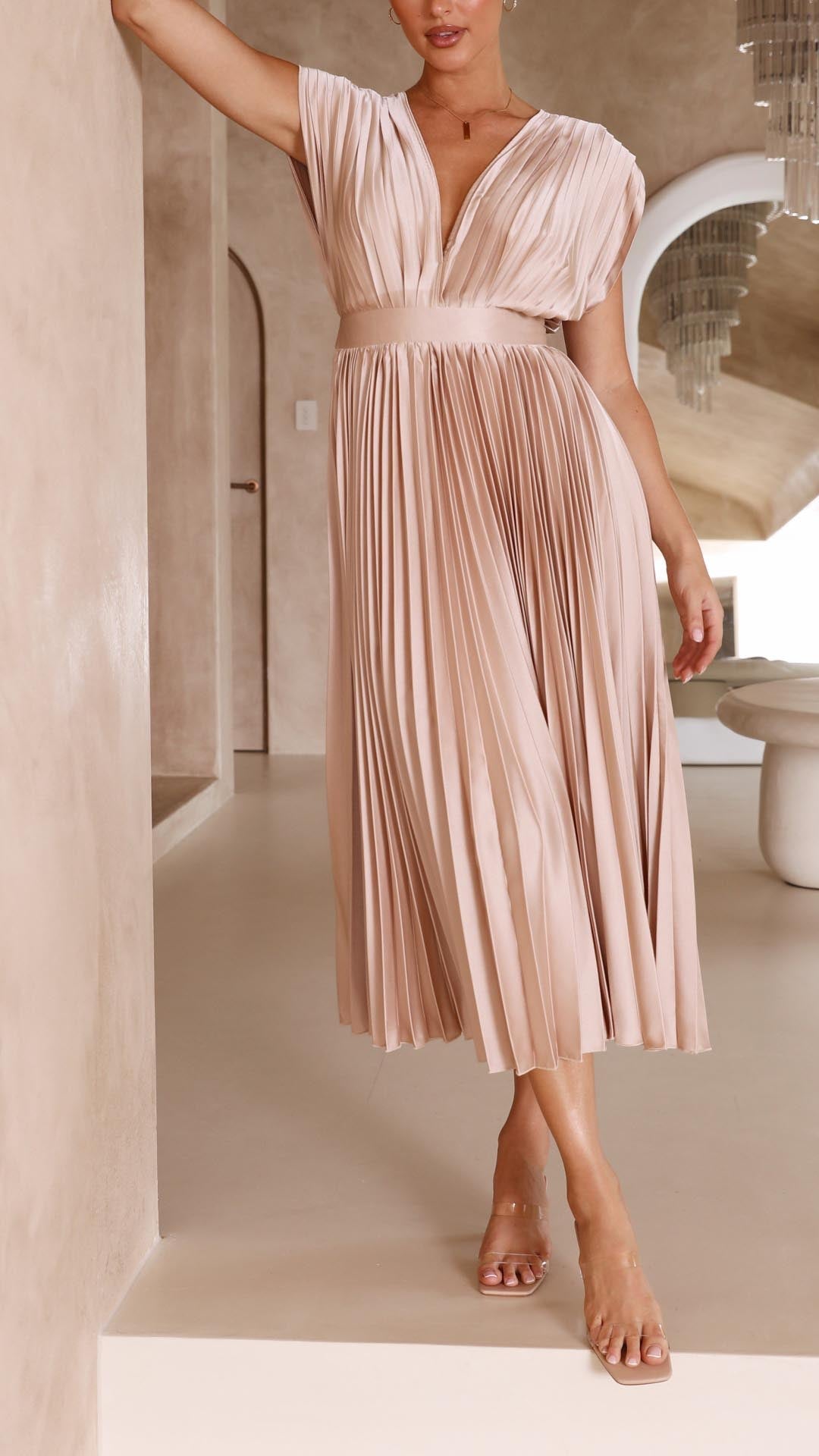 Pleated Maxi Wedding Guest Dress with V-Neck